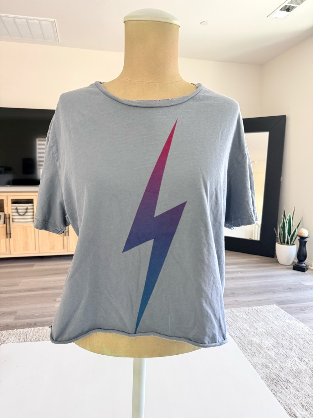 Aviator Nation Women's washed ombré  Lightning Bolt Cropped Tee distressed